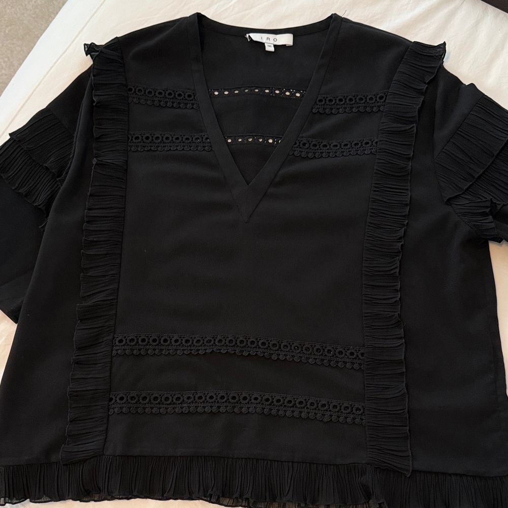 IRO Black V-Neck Blouse with Ruffle Accents